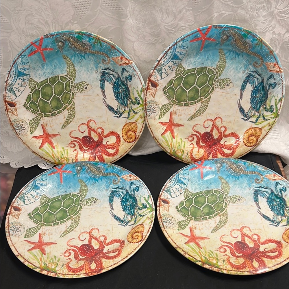 Pier 1 SPEEDY AND FRIENDS Melamine 11" Dinner Plates x 4Turtle Octopus Ray Ocean - Picture 3 of 11